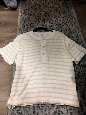 White & beige Striped Short Sleeve Henley Top